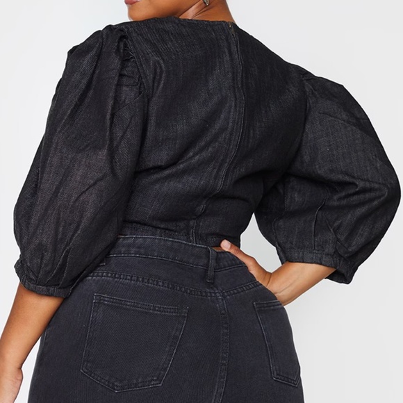 Pretty Little Things Plus Black Denim Puff Sleeve Seam Detail Crop Top 5X/30 - Picture 2 of 2